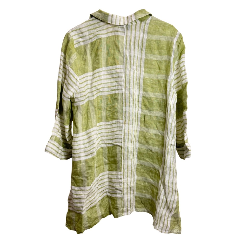 Habitat Womens Size L 100% Linen Striped Button Down Shirt Green White Relaxed - Picture 7 of 7